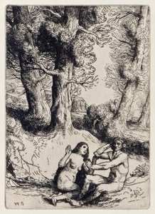 Adam wijst de troost van Eva af uit Paradise Lost van John Milton, een serie van 12 illustraties geëtst door William Strang door William Strang